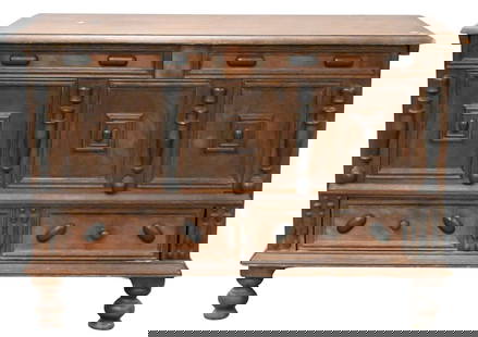 Wallace Nutting Oak Lift Top Pilgrim Style Chest: Wallace Nutting Oak Lift Top Pilgrim Style Chest having drawer at base, Wallace Nutting catalogue #909 height 32 inches, top 21" x 46"