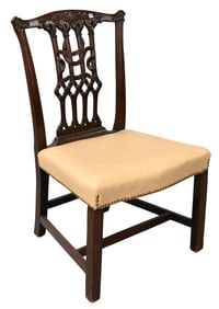 George III Finely Carved Ribbon Motif Mahogany Side Chair having Tan Leather Seat