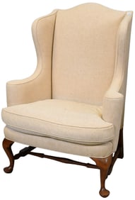 David Lefort Cherry Queen Anne Style Upholstered Wingback Armchair