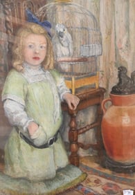 Full Length Portrait of a Girl in a Green Dress with a White Parrot