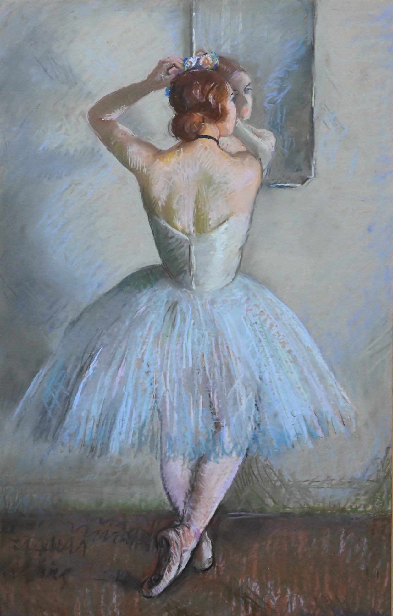 Louis Kronberg (American 1872-1965): Louis Kronberg (American 1872-1965) "Janet Reed San Francisco Opera Ballet" Ballerina in the Mirror Pastel / paper board Signed lower right "Louis Kronberg" Original label on verso, sold $850 21" x 13