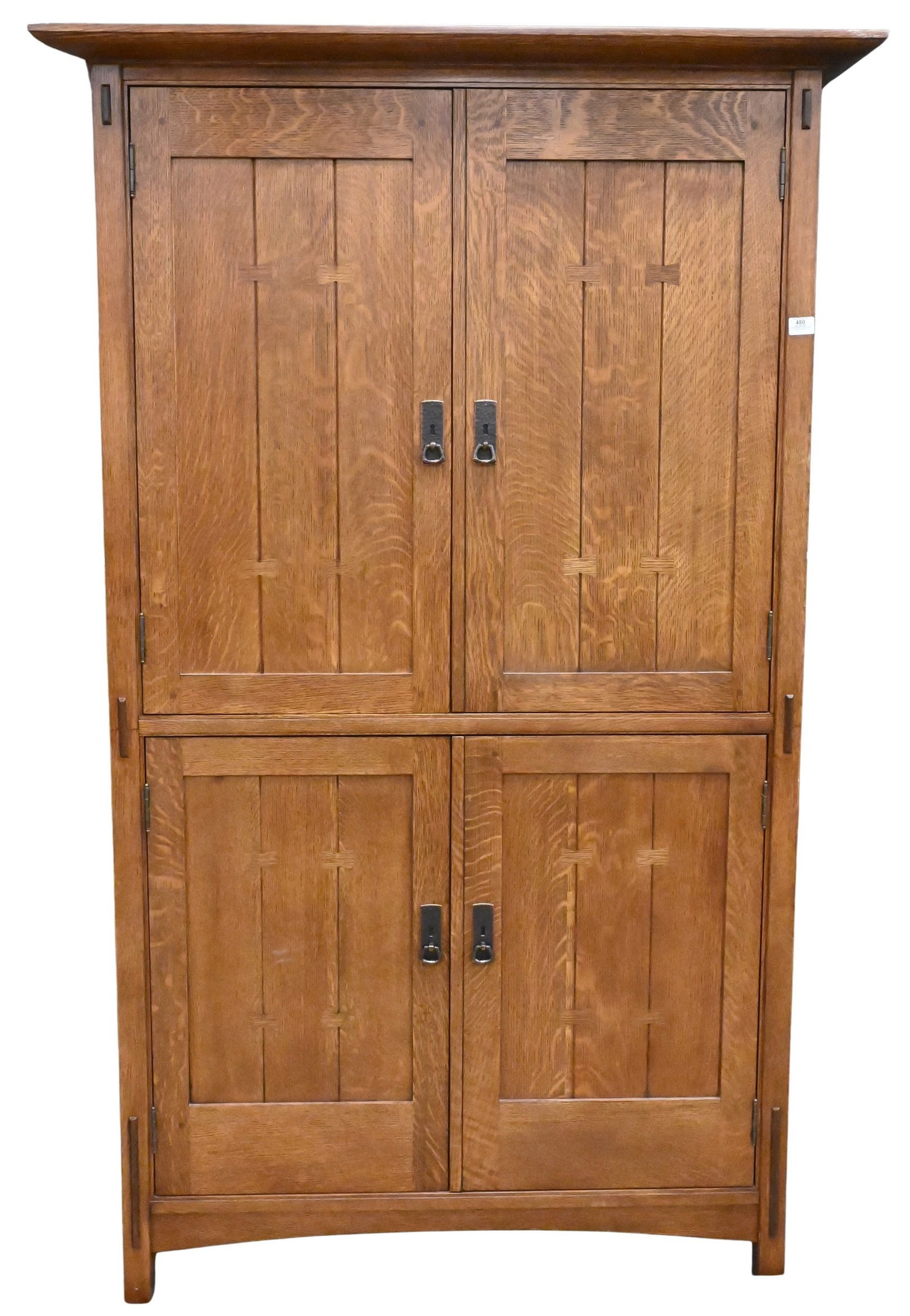 Stickley Mission Oak Armoire: Stickley Mission Oak Armoire having four doors, top having fitted cubby interior set on base having fitted drawer interior height 78 inches, width 42 inches, depth 21 1/2 inches