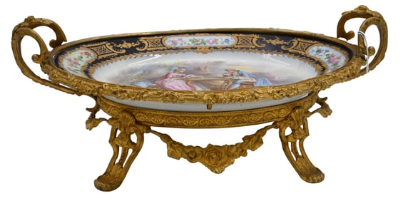 Sevres France Hand Painted and Gilded Porcelain Footed Oval Tazza