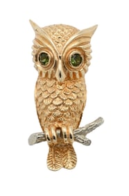14K Yellow Gold Owl Brooch having Green Eyes And White Gold Branch