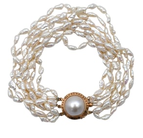 14K Yellow Gold Multi Strand Pearl Bracelet