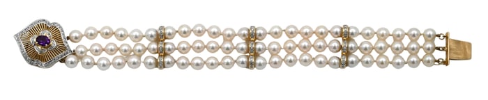 14K Yellow Gold Diamond, Amethyst, and Pearl Bracelet