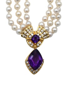 18K Yellow Gold Diamond and Amethyst Pearl Necklace