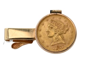 $5 Gold Liberty 1887 S Coin Mounted in 14K Yellow Gold Tie Clip