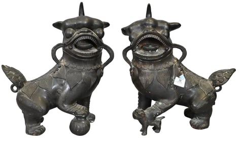 Pair of Tony Duquette (American 1914-1999) Solid Bronze Guardian Foo Dogs