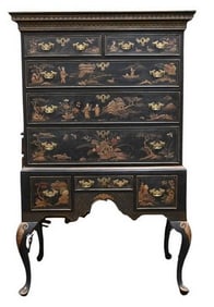 Queen Anne Style Chinoiserie Decorated Flat Top Highboy