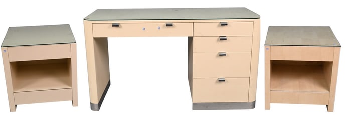 Mid-Century Modern Glass Top and Lacquered Desk with Two End Tables