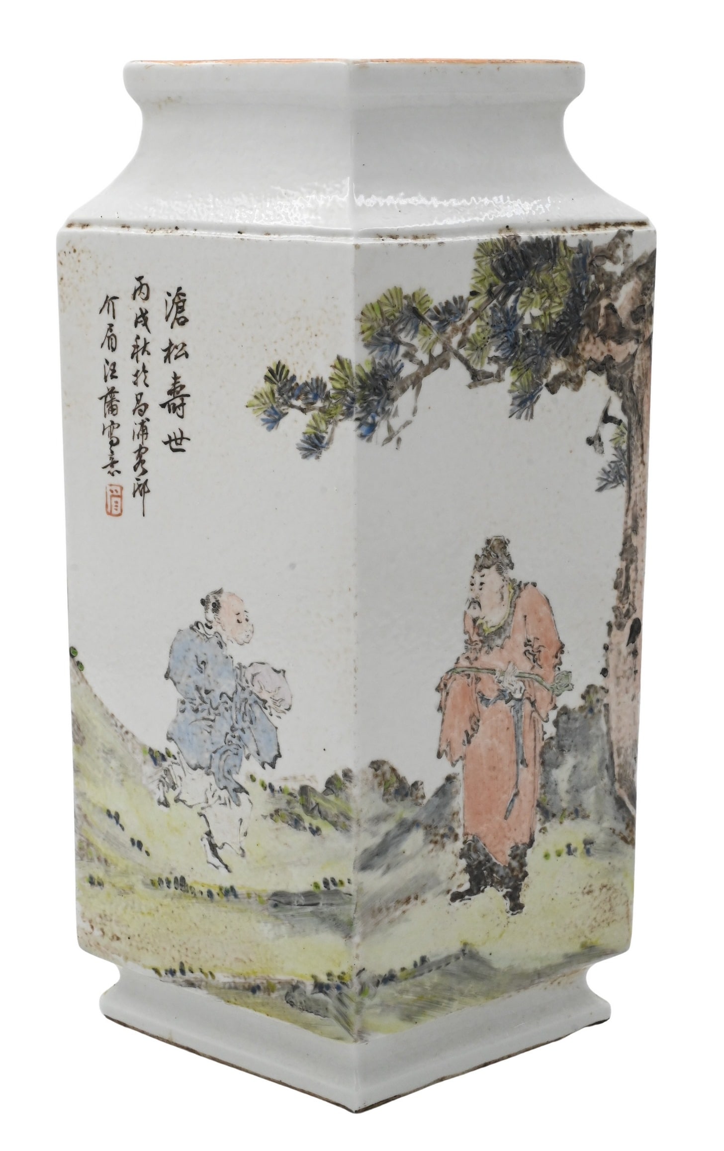 Chinese Republic Rhombus Form Vase: Chinese Republic Rhombus Form Vase elongated square vase having scholar motif, in Qianjiang style, having red character marks height 12 3/4 inches, width 8 inches