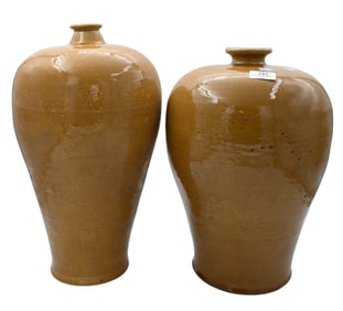 Near Pair of Chinese Meiping Style Yellow Glazed Jars