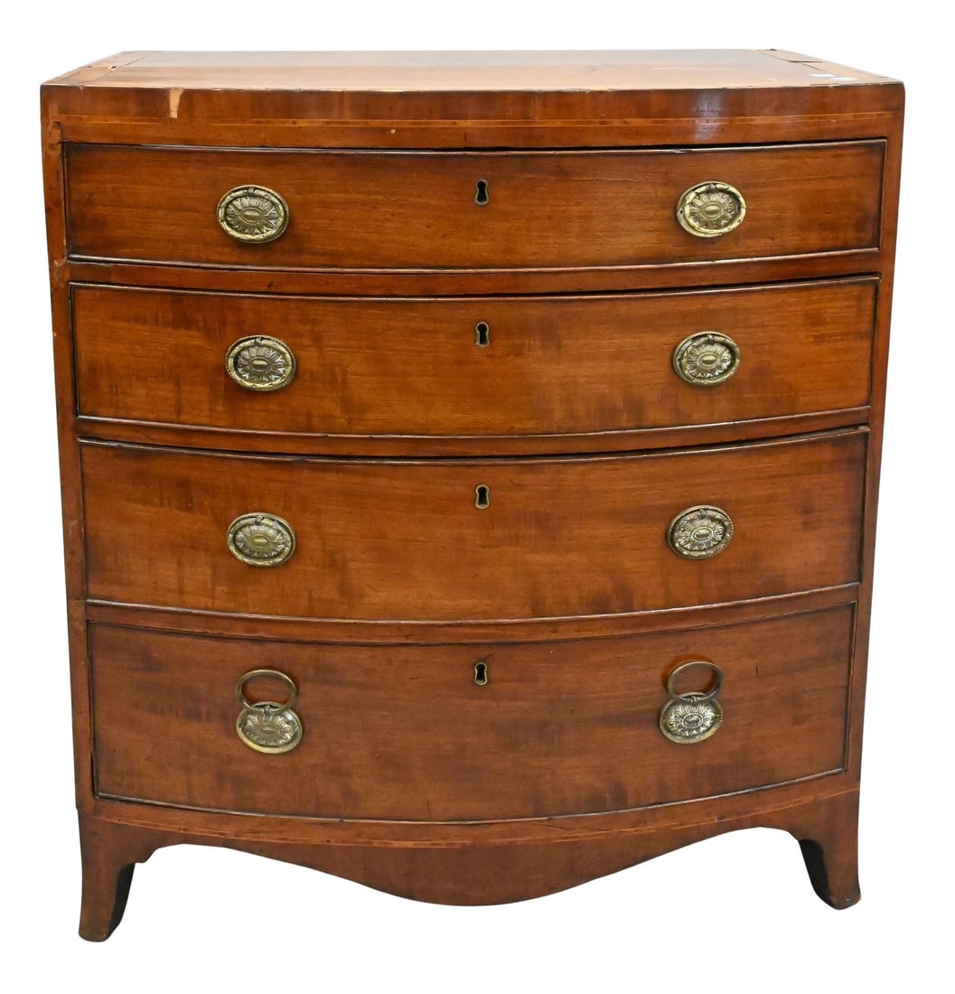 George III Bowed Front Chest: George III Bowed Front Chest having banded inlaid top, veneer chips, circa 1800 height 32 inches, top 20" x 29 1/2" Provenance: A collection from East 80th Street, New York, New York