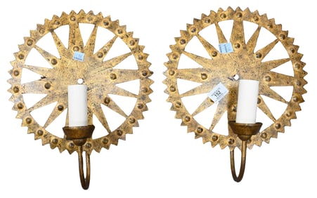Pair of Circular Bohemian Gilt Metal "Star" Wall Sconces