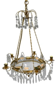 Five Light Brass and Crystal Chandelier