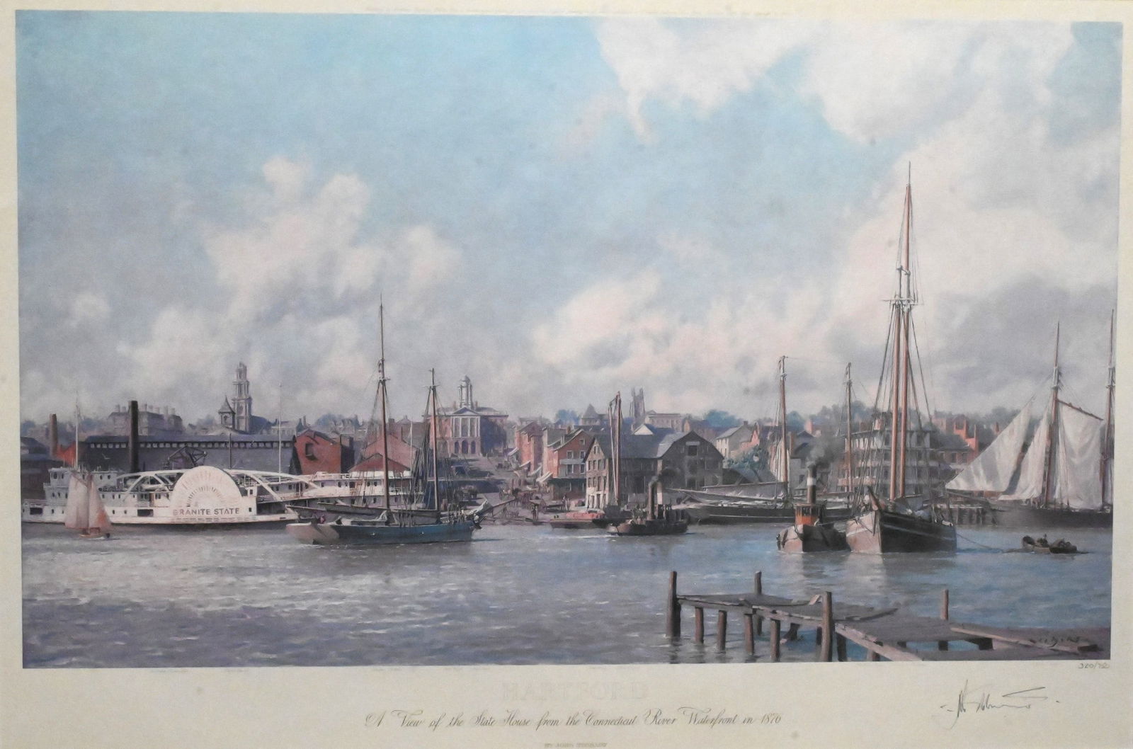 John Stobart (American 1929-2023): John Stobart (American 1929-2023) "Hartford, a View of the State House from the Connecticut River Waterfront in 1876" Lithograph, edition 320/750 Pencil signed lower right "John Stobart" 21" x 31" Con