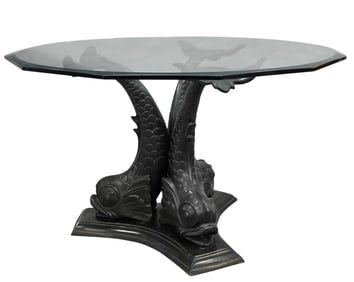 Neoclassical Style Bronze and Glass Triple Pedestal Center Table