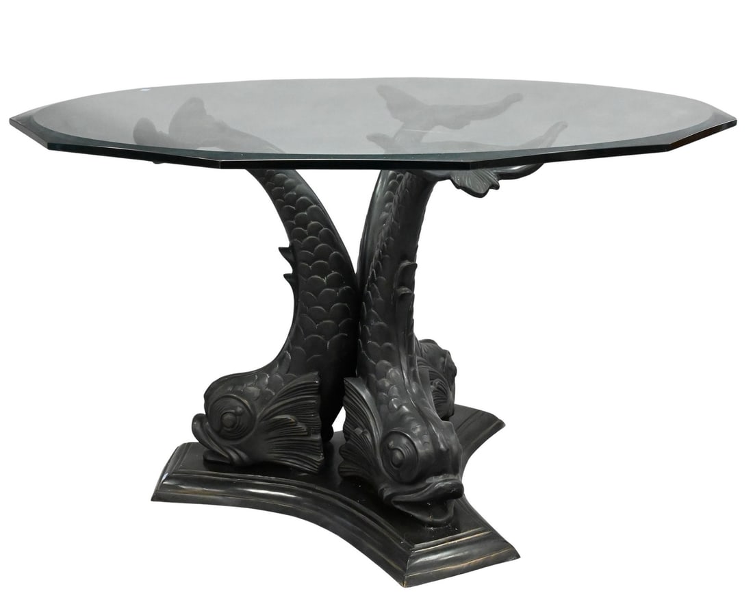 Neoclassical Style Bronze and Glass Triple Pedestal Center Table (1 of 4)