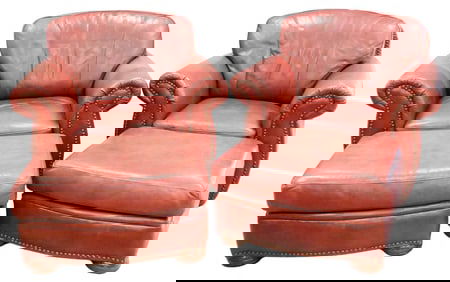 Pair of Leather Club Chairs with Ottomans