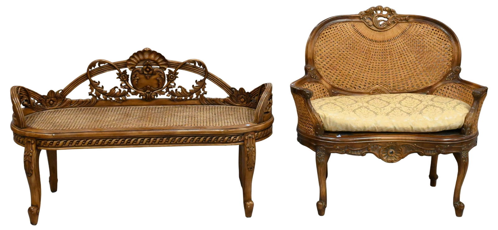 Caned Settee: Caned Settee having carved frame height 30 inches, width 50 inches