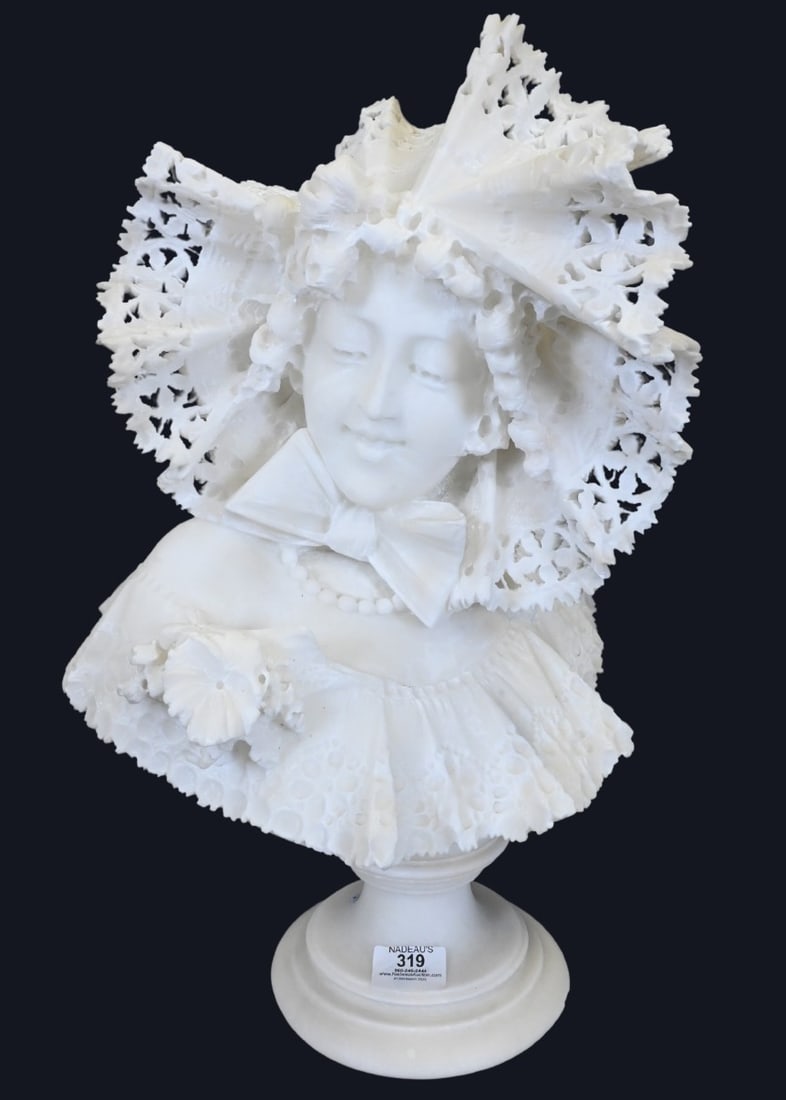 Italian Alabaster Bust of a Young Woman: Italian Alabaster Bust of a Young Woman Depicting a smiling girl in a reticulated lace bonnet, bowtie, and pearl necklace Mounted on pedestal base Height 20 inches Provenance: Estate of Stephen F. Osb
