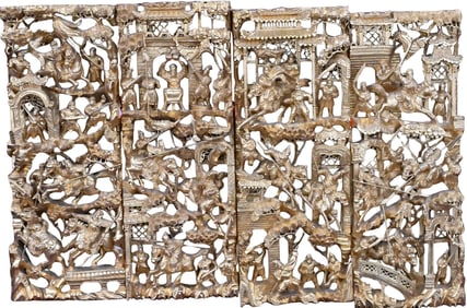 Set of Four Red Lacquered and Giltwood Chinese Panels