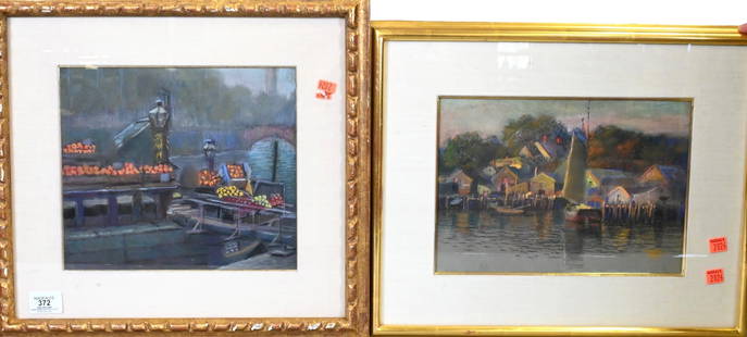 Two: William Partridge Burpee (American 1846-1940): Two: William Partridge Burpee (American 1846-1940) City fruit market scene by the river Pastel on paper 9" x 10 3/4" Seaside cottages and dock with sailboat, Maine pastel on gray laid paper Unsigned 8