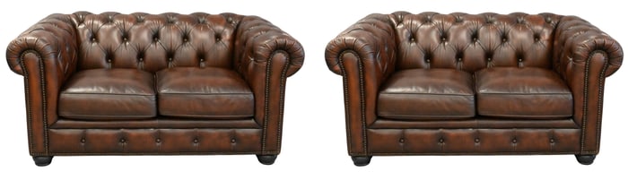 Pair of Brown Leather Chesterfield Style Loveseats