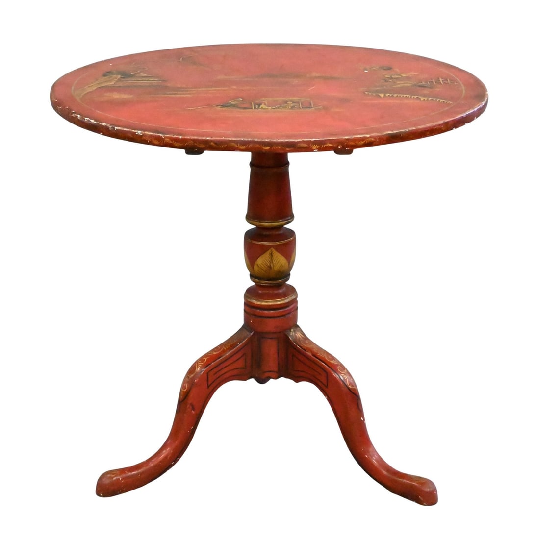 Georgian Chinoiserie Decorated Tip Table: Georgian Chinoiserie Decorated Tip Table set on tripod base height 28 inches, diameter 30 inches