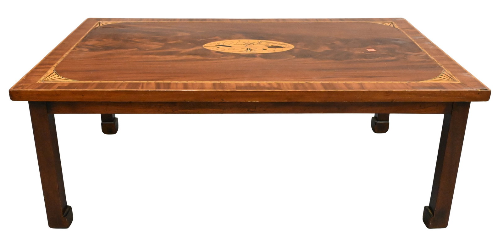 Mahogany Coffee Table: Mahogany Coffee Table having inlaid masonic center panel height 16 inches, top 25 1/2" x 43"