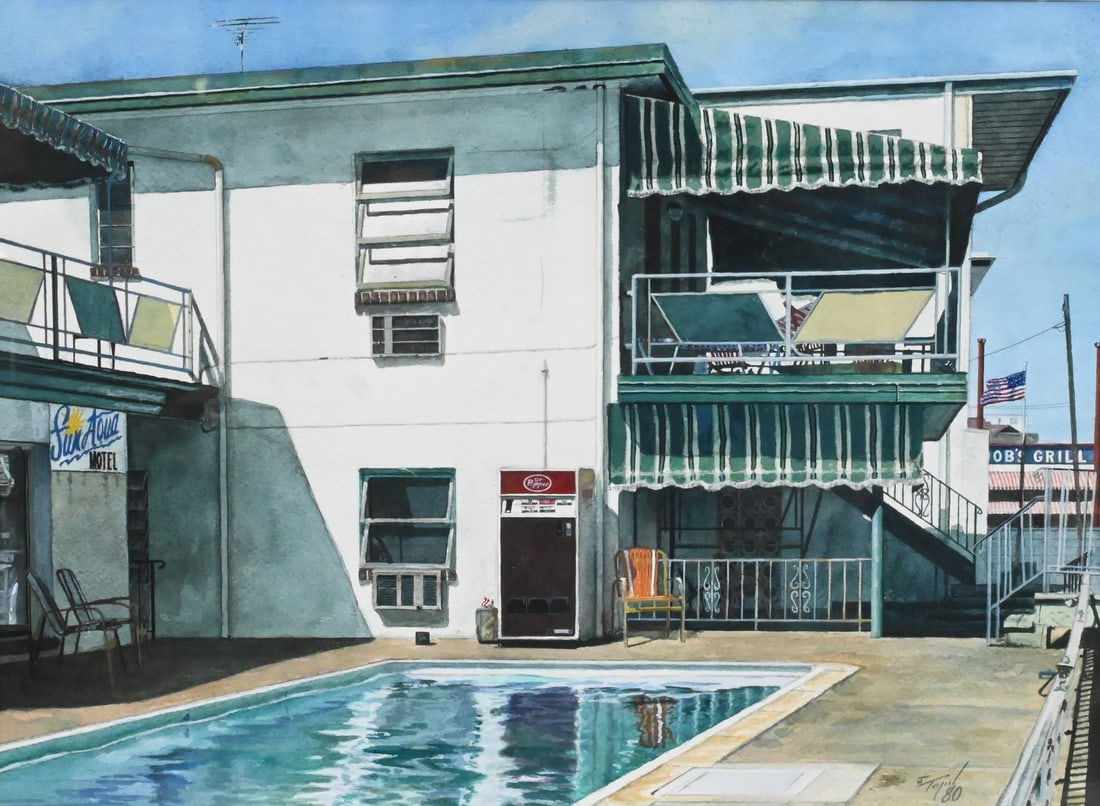 James Toogood (American 20th/21st Century): James Toogood (American 20th/21st Century) "Sun Aqua" motel and pool cityscape, 1980 Watercolor on paper Signed and dated lower right J.Toogood '80 10 1/2" x 14 1/2" Provenance: Rosenfeld Gallery, PA