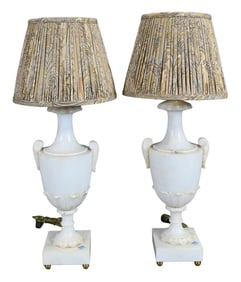 Pair of French Empire Carved White Marble Urn Form Table Lamps