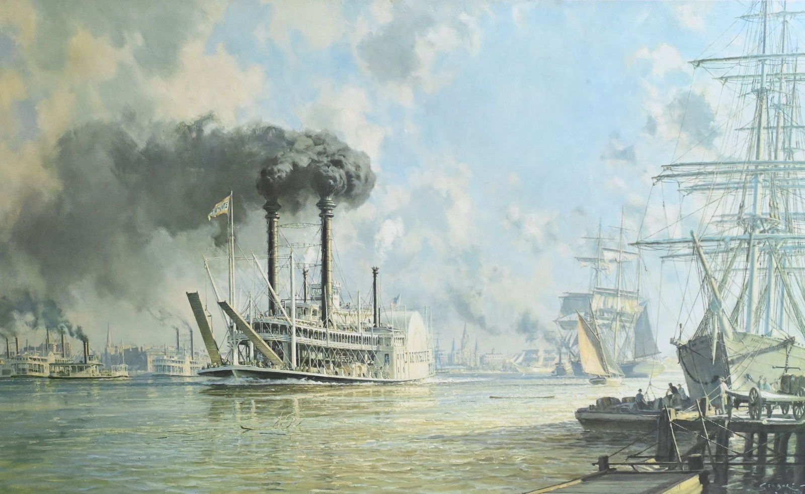 John Stobart (American 1929-2023): John Stobart (American 1929-2023) "New Orleans: The J.M. White...Leaving the Crescent City"" Lithograph, edition 464/750 Pencil signed lower right 23" x 33"