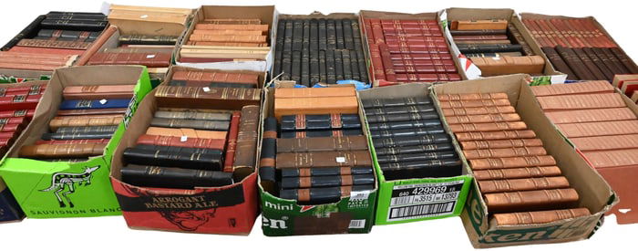 Approximately 25 Boxes of Mostly Leather Bound Books