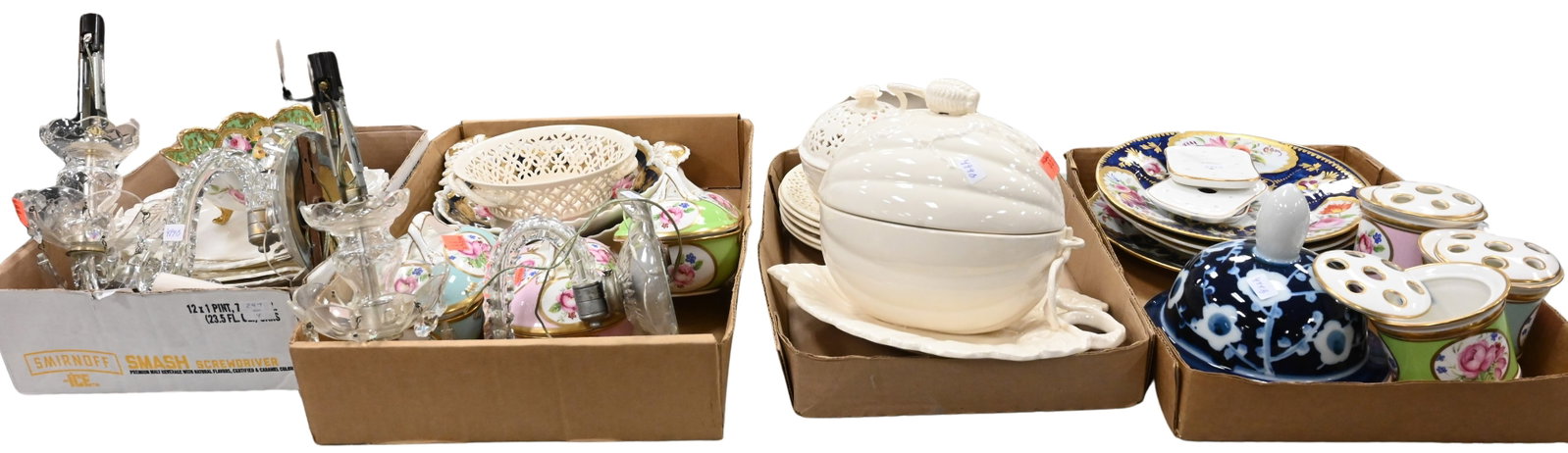 Four Tray Lots of Mostly Porcelain: Four Tray Lots of Mostly Porcelain to include a group of Charlotte Moss and Company Derby England Porcelain, a pair of sconces, a tureen, etcetera