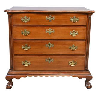 Chippendale Cherry Chest: Chippendale Cherry Chest having shaped top over four graduated drawers flanked by fluted columns set on base with ball and claw feet and scalloped apron, New England circa 1760 height 36 inches, width