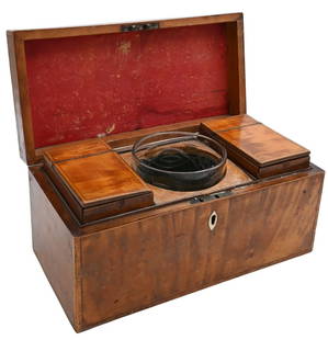Georgian Satinwood Tea Caddy: Georgian Satinwood Tea Caddy or Sheraton period, having Sheffield plate handle and inlaid lid opening to original crystal bowl flanked by two compartments height 5 1/2 inches, top 5 1/2" x 11 1/2" Pro