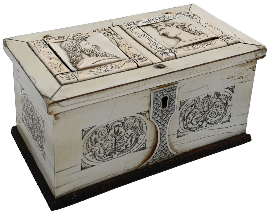 Carved Bone Box: Carved Bone Box having Greek philosopher medallions, mused scrolling foliate, and animal motif opening to green felt interior, ripple molding on base, one molding missing, 19th century height 4 inches