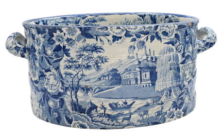 Large Oval Blue and White Chinoiserie Staffordshire Double Handle Foot Bath (1 of 6)