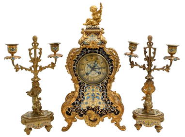 Three Piece French Champleve Enamel Mantle Clock Grouping (1 of 7)