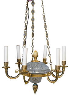 French Six Light Bronze and Crystal Electrified Chandelier: French Six Light Bronze and Crystal Electrified Chandelier circa 1880 height 36 inches, diameter 20 inches Provenance: Purchased from Isabelle et Chris Verrechia in 2006 for $12,325, receipt available