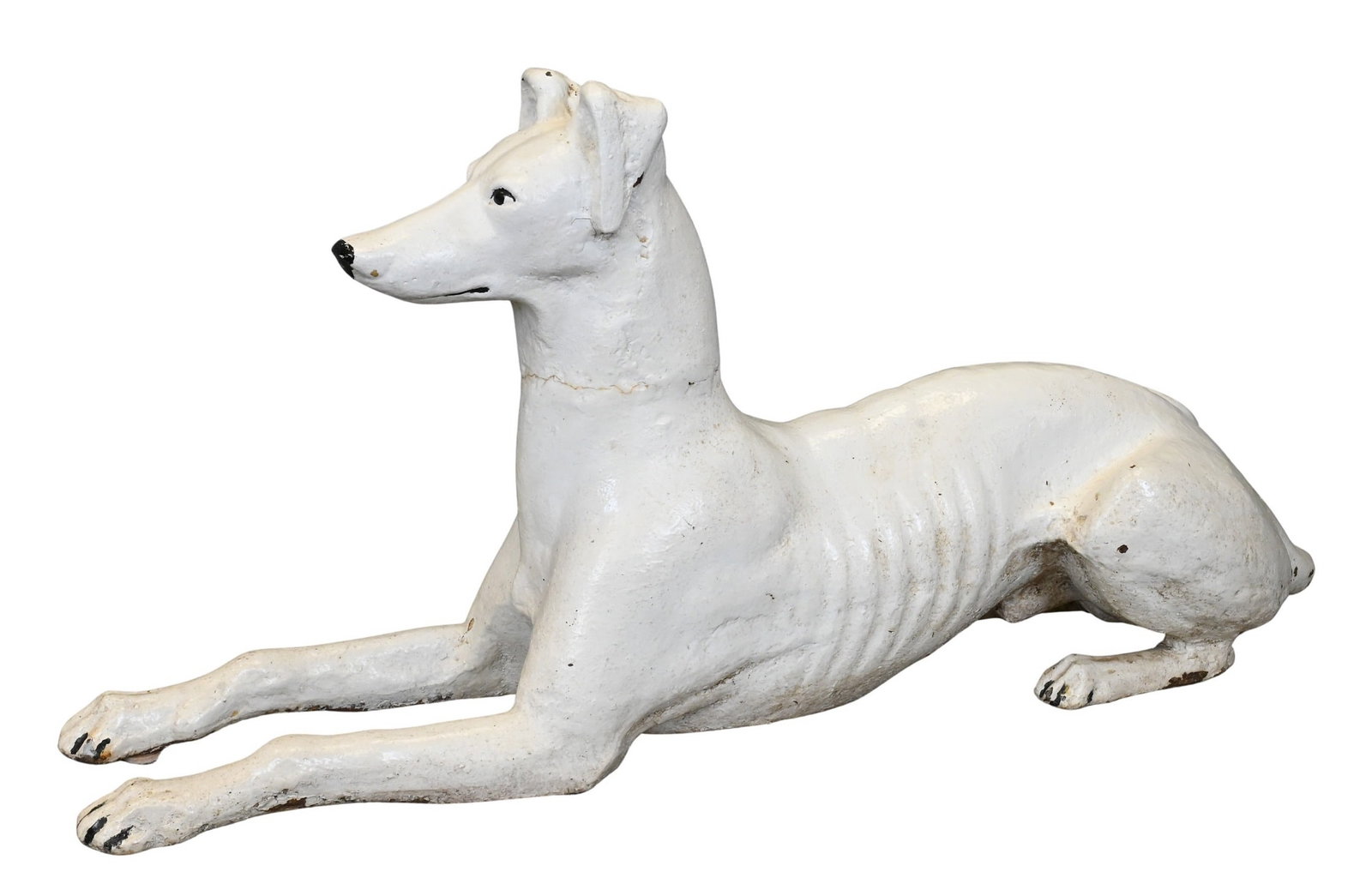 Iron Whippet Dog Figure: Iron Whippet Dog Figure 19th century height 18 inches, length 38 inches Provenance: Property from the Estate of E.T. Krolikowski, III of Laurel Beach in Milford, Connecticut Condition: head loose