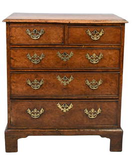 Burl Walnut Two Over Three Drawer Chest: Burl Walnut Two Over Three Drawer Chest on cut out bracket feet, original pierced brass handles and escutcheons, England circa 1770 height 36 inches, width 30 1/2 inches, top 19" x 32" Provenance: Apt