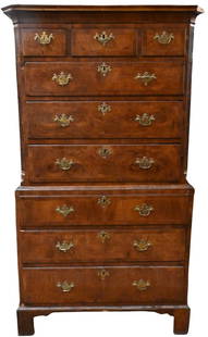 George III Burl Walnut Chest on Chest in Two Parts: George III Burl Walnut Chest on Chest in Two Parts having banded inlaid drawers flanked by fluted columns all set on bracket base with original brasses, minor veneer losses, circa 1760 height 70 3/4 i