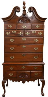 Chippendale Highboy in Two Parts: Chippendale Highboy in Two Parts having broker arch pediment, three over two over three drawers on base with one drawer over three drawers, set on curved cabriole legs ending on ball and claw feet, ma