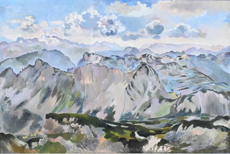Edith Kramer (Austrian/America 1916-2014): Edith Kramer (Austrian/America 1916-2014) Mountain Landscape, 1973 Oil on canvas Signed and dated lower right Kramer 1973 28" x 42" Condition: overall good condition, some possible inpainting to the s