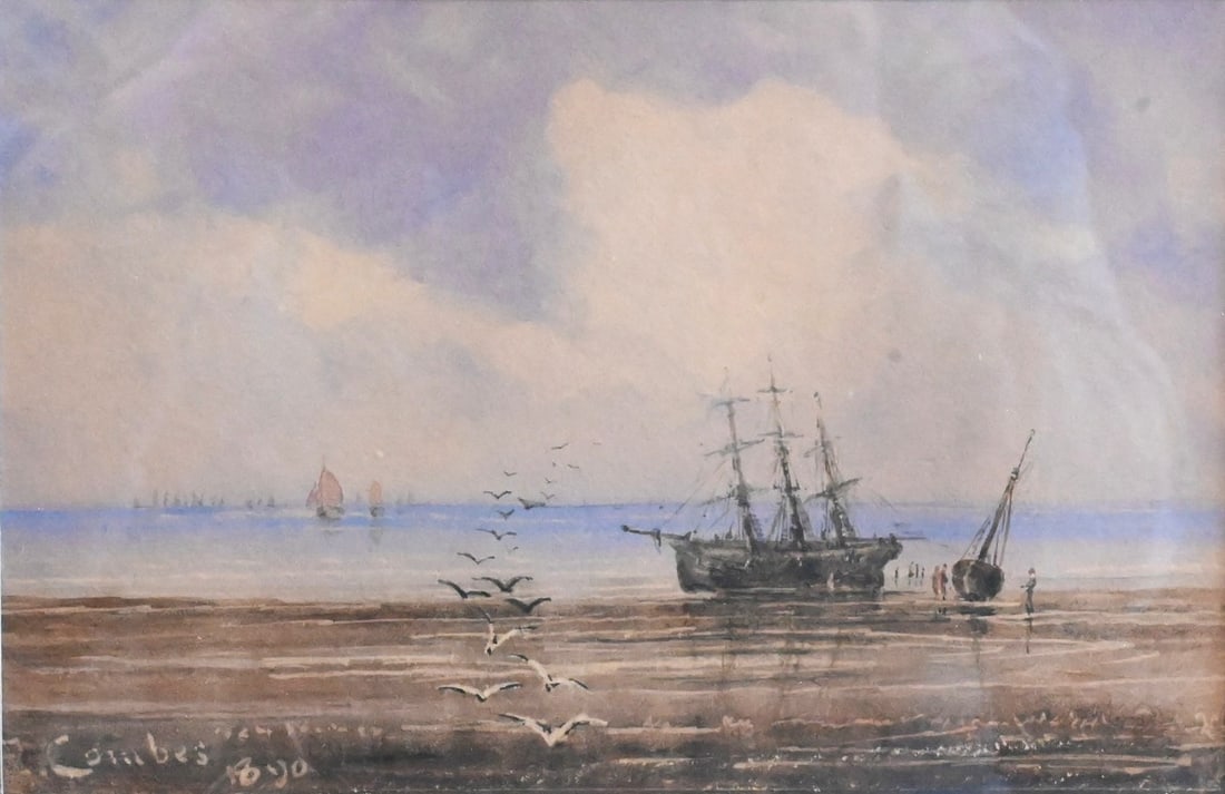 Edward Combes (British / Australian 1830-1895): Edward Combes (British / Australian 1830-1895) Ships Run Aground on the Beach, 1890 Watercolor on paper Signed and dated lower left "E. Combes 1890" inscribed on verso by previous owner 5" x 8"