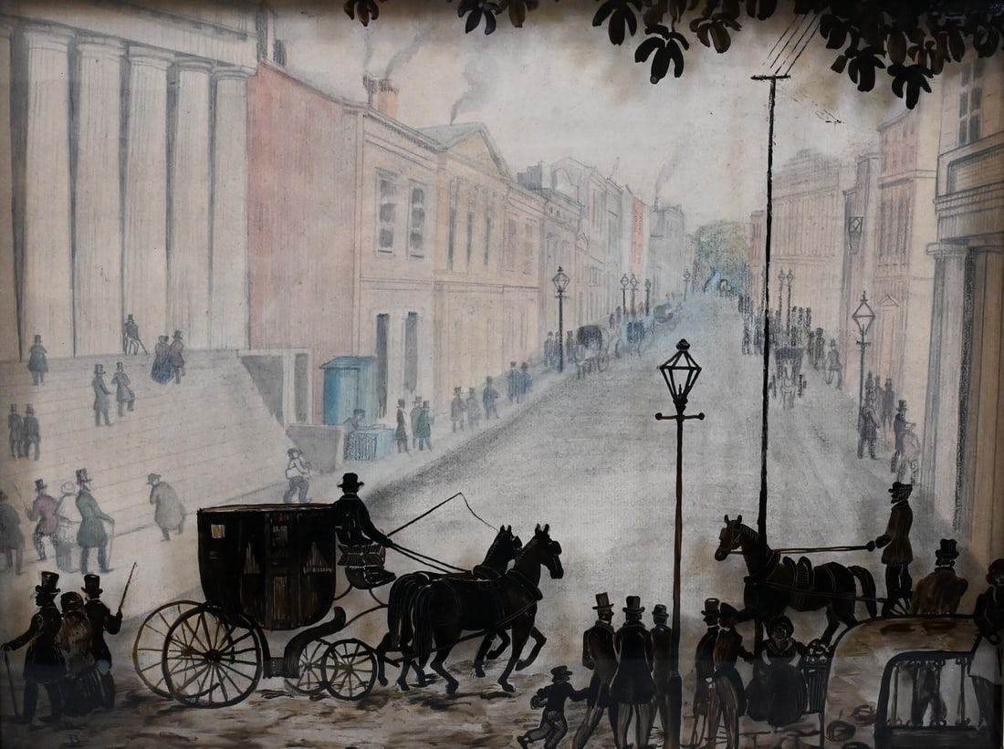 Reverse Glass Silhouette (19th Century): Reverse Glass Silhouette (19th Century) "Wall Street in 1850 from an Old Engraving in the Ladies Wreath" horse and carriage busy street scene Colored pencil / pastel background and reverse painted sil