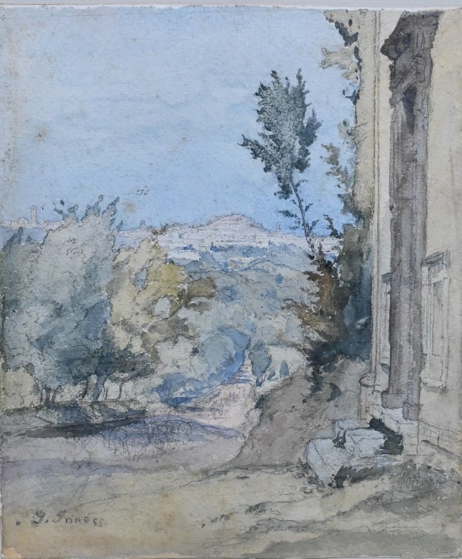 George Inness (American 1825-1894): George Inness (American 1825-1894) Italian Doorway, circa 1871-1874 Signed lower left "G. Inness" Watercolor and pencil on paper 8 1/2" x 7 1/4" Provenance: Ackermann Dealer in Fine Prints and Paintin